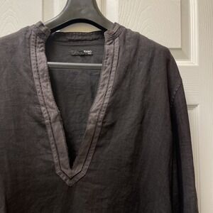 Murano Men's Medium Deep V-Neck Classic Fit Linen Long Sleeve Shirt Black